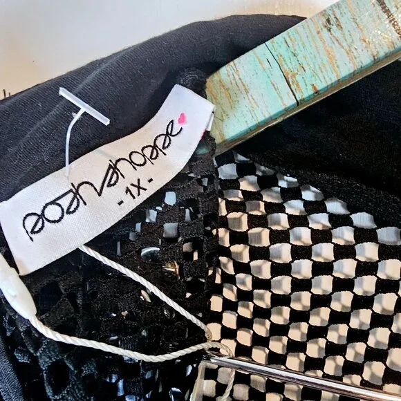 Posh Shoppe Sheer Feather Sleeve High Neck Full Mesh Black Dress,  1X, NWT - Picture 10 of 11